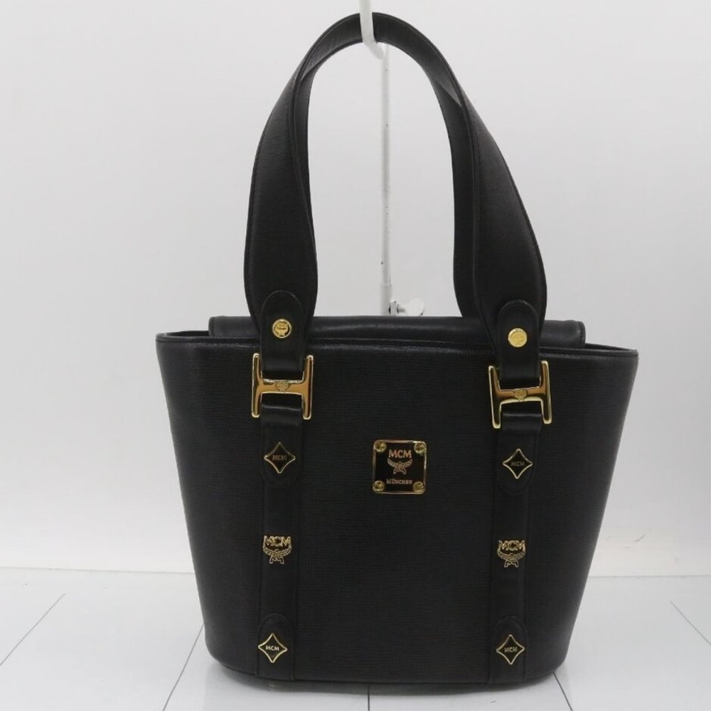 MCM Saffiano Black Leather with Studded Gold, Structured Shopping Tote